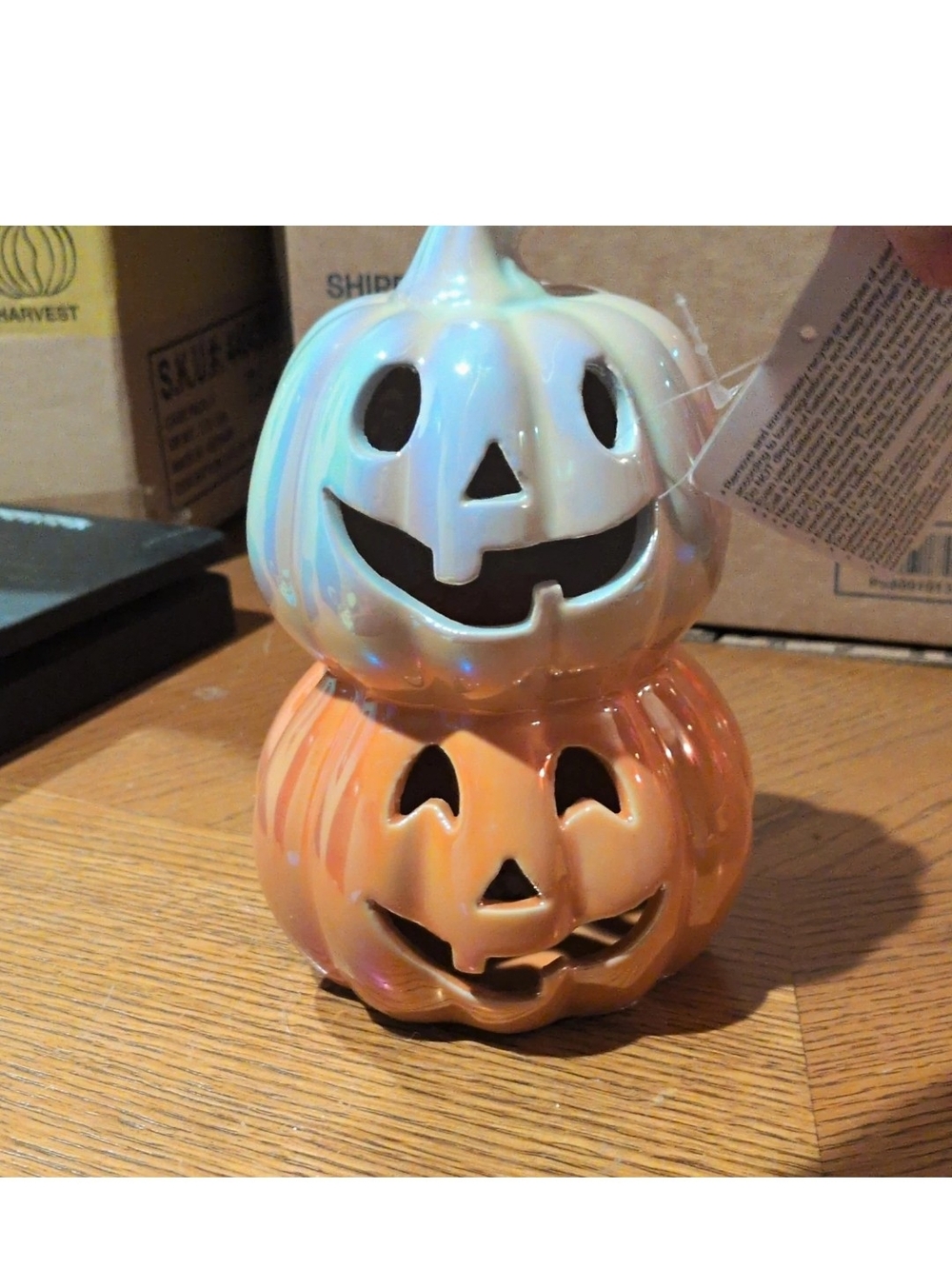 Iridescent White and Orange Ceramic Stacked Jack-O'-Lantern Halloween Decoration